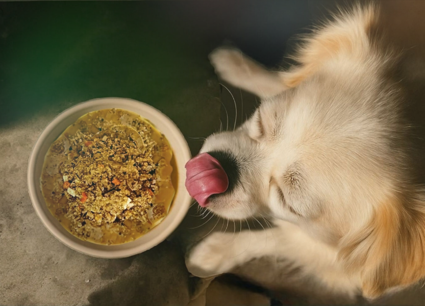Small breed dog eating warm moist Dog-o-Meals