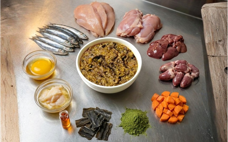 Fresh whole ingredients: chicken, salmon, eggs, bone broth