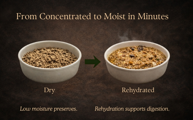 37g dry becomes 110g warm moist meal in 3 minutes