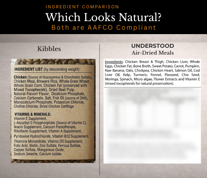 Two pet food labels compared — vague vs named ingredients