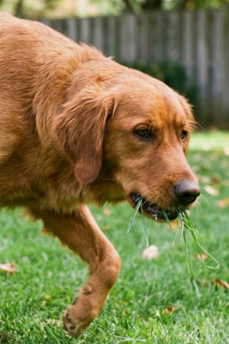 Dog eating grass — a sign of gut dysbiosis needing prebiotic fibre
