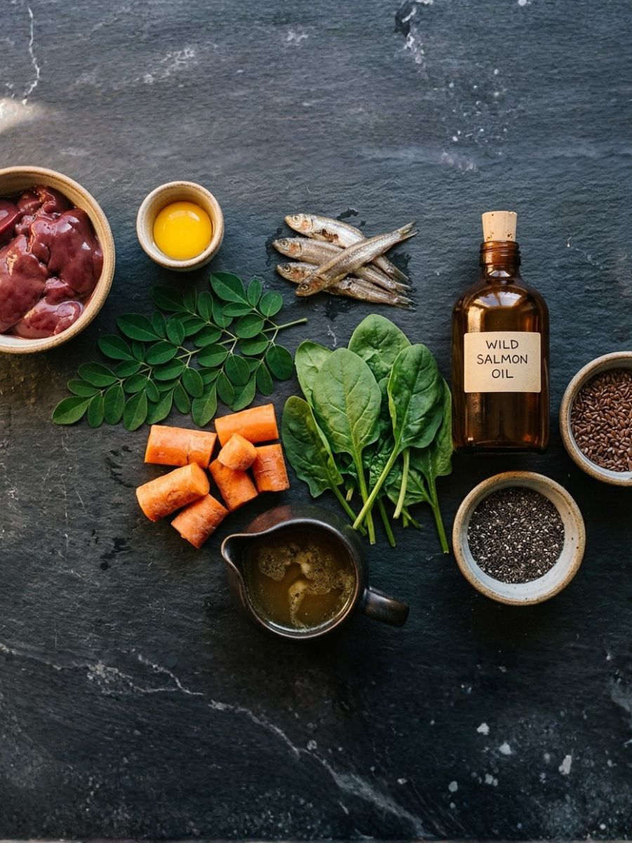 Real ingredients: chicken liver, egg yolk, anchovies, moringa, salmon oil