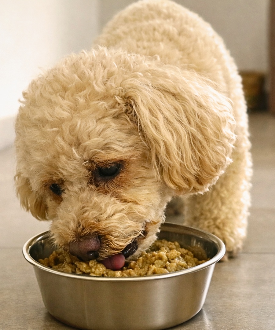 Dog eating warm moist Dog-o-Meals — real food, real nutrition, made in India