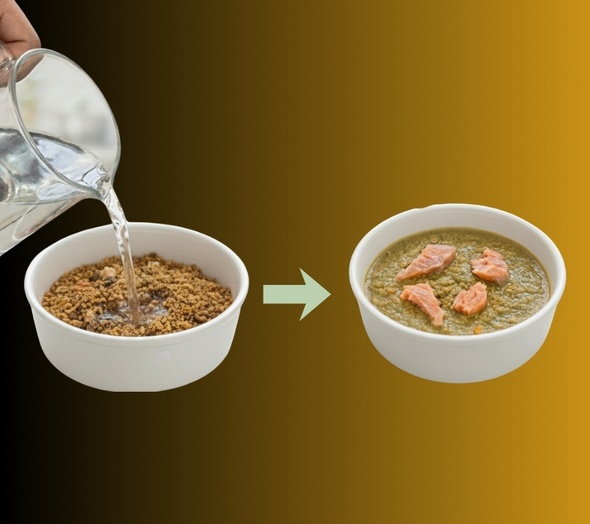 Adding warm water to Dog-o-Meals — 37g becomes 110g in 3 minutes