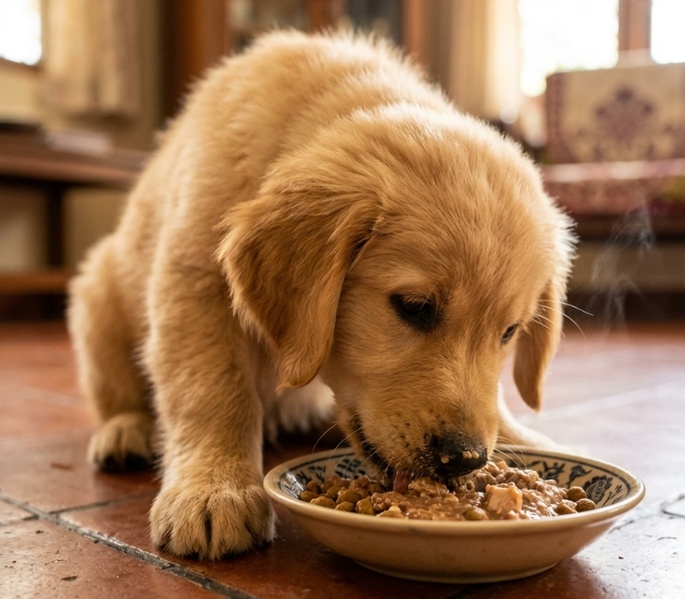 Puppy eating warm moist Dog-o-Meals