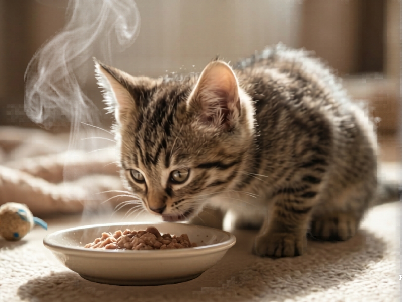 Cat eating warm moist Purr-o-Meals — the hydration her biology requires
