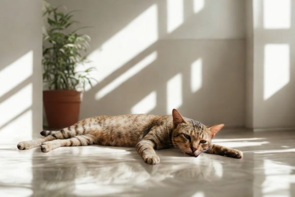 Cat in Indian summer heat — ambient 38°C leaves no thermal buffer