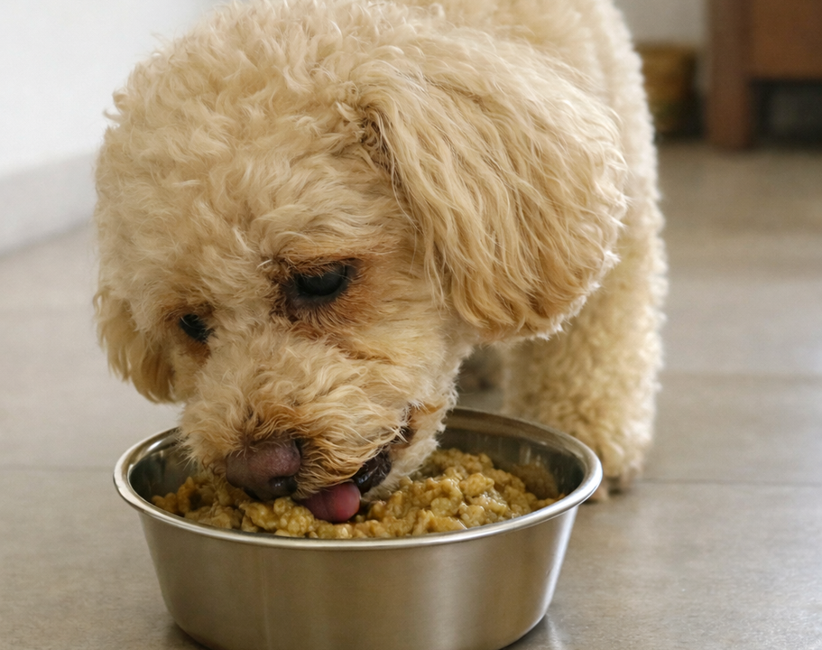 Dog eating warm moist Dog-o-Meals — real food, real nutrition, made in India