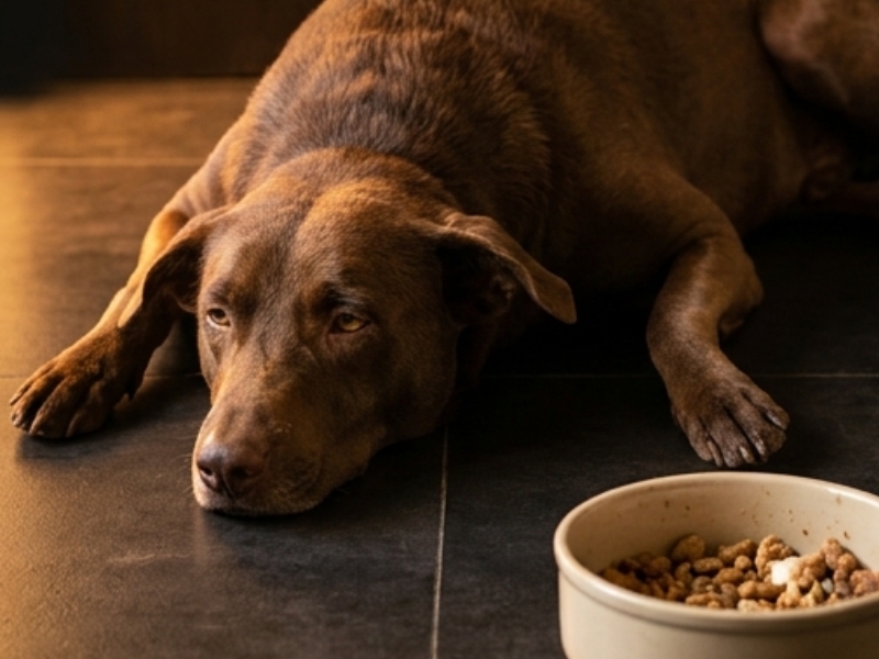 Dog looking at food bowl with low excitement - kibble doesn't trigger appetite